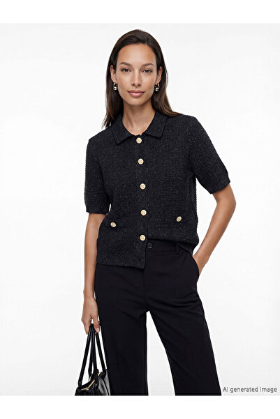 LC Waikiki Navy Blue Polo Collar Textured Women's Knitwear Cardigan