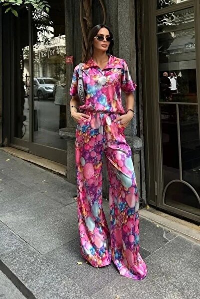 b buhari bykoc Wide-Leg Patterned Satin Fabric Shirt and Trousers Set