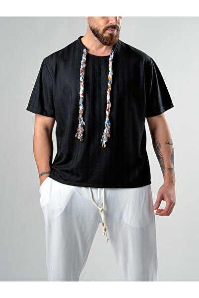 COCOPELLI Tricou negru pentru bărbați cu eșarfă etnică COC2872