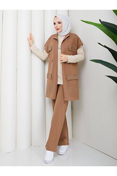 moda4b Γυναικείο Σετ Φόρμας 3 Τεμαχίων από Βαμβάκι με Δύο Κλωστές n-05491 _ Μπεζ