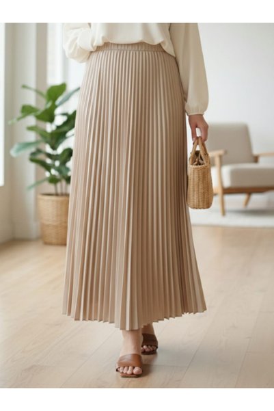 MONJER Women's Beige High Waist Slim Pleated Maxi Skirt