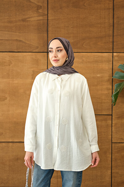 LOCCO Women's Beaded Embroidered Shirt Ecru