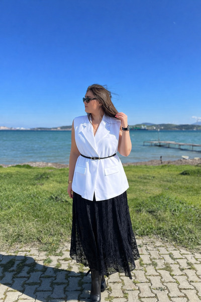 bestie co Kadın Vatkalı Kemerli Keten Beyaz Yelek