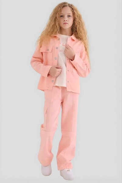 ww waka waka kids store طقم من قطعتين للفتيات: جاكيت جينز بلون السلمون وبنطلو...