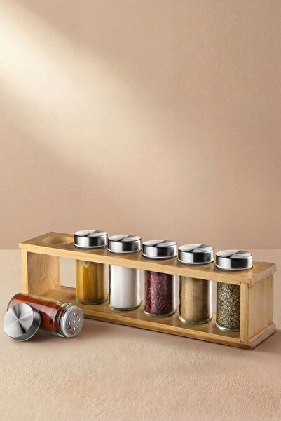GÖNÜL Çelik Kapaklı 7 Parça Baharat Takımı – Bambu Standlı Cam Baharatlık Seti
