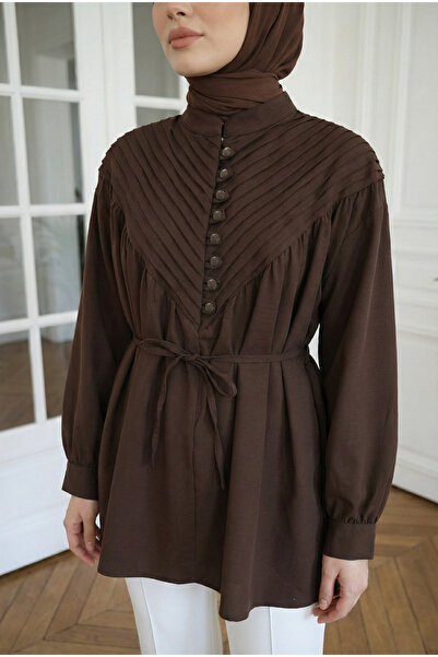 MODAQU Ribbed Detailed Buttoned Tunic - Brown