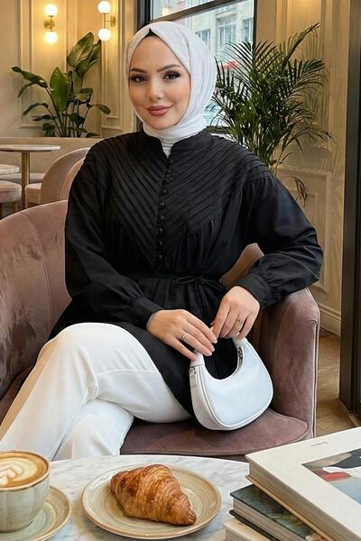 hafsamina Ribbed Half Placket Buttoned Tunic Black Hm2886