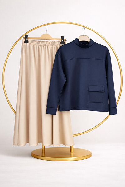 vikitekno Women's Pocketed Skirt Long Sleeve Blouse Two-Piece Set