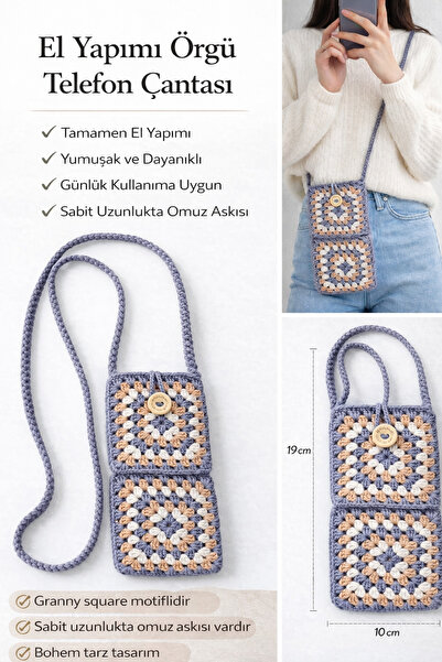 Hobi Kafe Gray Hand Knitted Motif Phone Bag