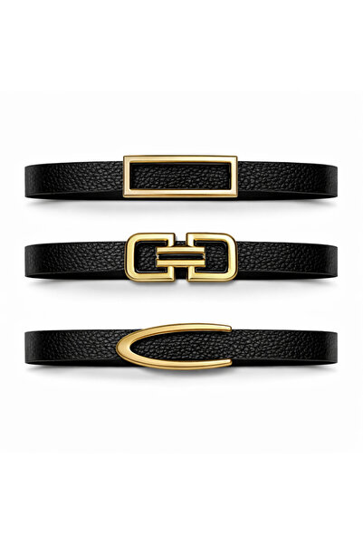 LİVORA Kadın Hakiki Deri 3’lü İnce Kemer Seti – Gold Tokalı Siyah 2 cm Şık Ko...