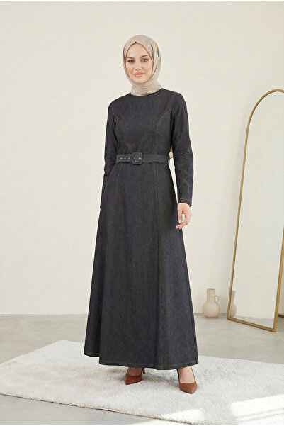 FERHEL Women's Belted New Season Long Denim Dress - Anthracite