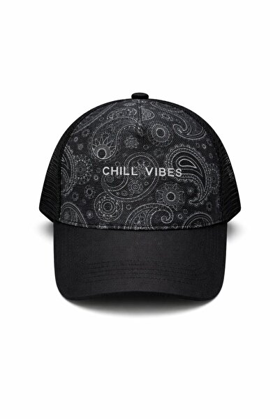 GYES Chill Vibes Written Black Trucker Hat with Paisley Pattern, Mesh, Adjust...
