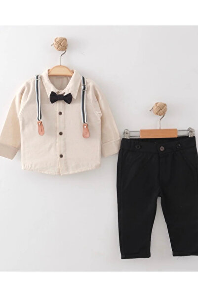 kidstalya Baby Boy Suit with Bow Tie and Straps - Cream