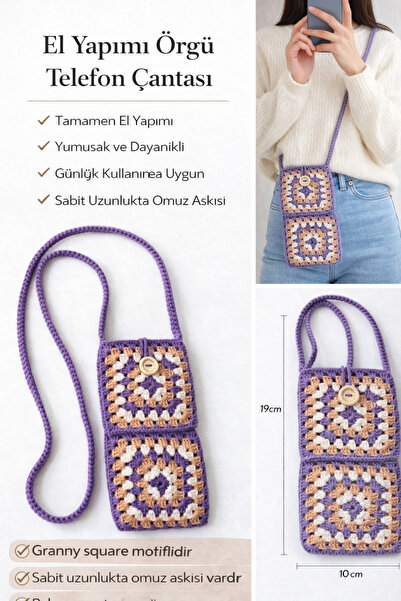 Hobi Kafe Purple Hand Knitted Motif Phone Bag