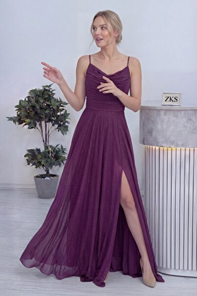 thezkscom Kadın Askılı Ön Drapeli Yırtmaçlı Simli Abiye Elbise Lila, Mürdüm, ...