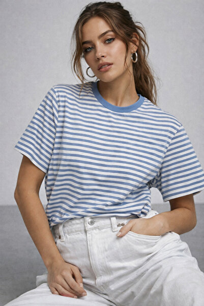 Rich Women's Blue Striped Soft Textured Cotton Basic T-Shirt