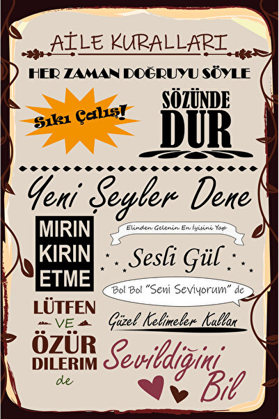 tpkitapevi Retro Vintage 5 mm Ahşap Üzerine Aile ve Mutfak Kuralları Temalı Poster Tablo 20X30 cm