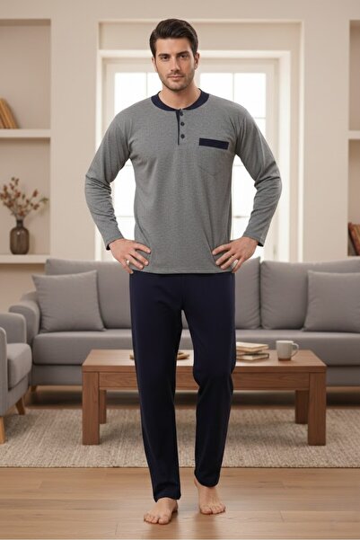 PREGNANT WORLD Men's Gray Long Sleeve Button Detailed 100% Cotton Design Larg...