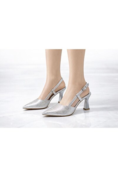 Ajax Gümüş Simli Sivri Burun Slingback Kadın Topuklu Ayakkabı 7 Cm Abiye Özel...