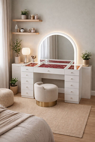 Setay Aynalı Makyaj Masası, Lavin Cam Üst Bölmeli Takı Düzenleyicili Şifonyer