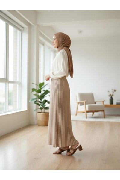 MONJER Women's Beige High Waist Slim Pleated Maxi Skirt