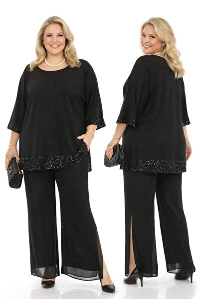 angelino butik Büyük Beden Kayık Yaka Dökümlü Şifon Bluz ve Pantolon Abiye Ta...