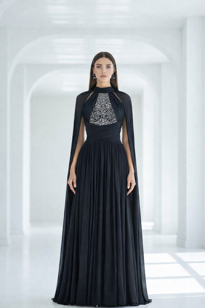 elisavira Black dress with embellishments and a Sheer cape