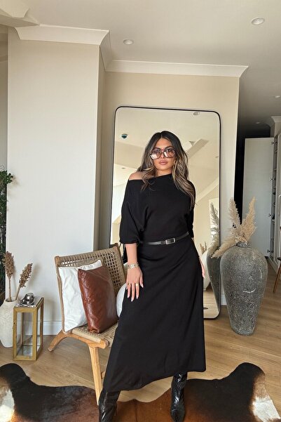 Sohotique By P Kayık Yaka Waist-Sitting Knitwear Dress Black