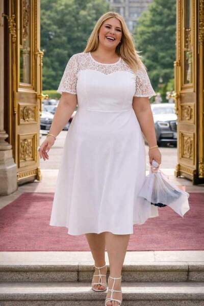 angelino butik Büyük Beden Beyaz Güpür Detaylı Rahat Kollu Kısa Nikah Elbises...