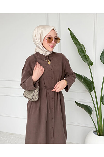 Moda Misali Minimal Kuşaklı Uzun Gömlek Tesettür Elbise