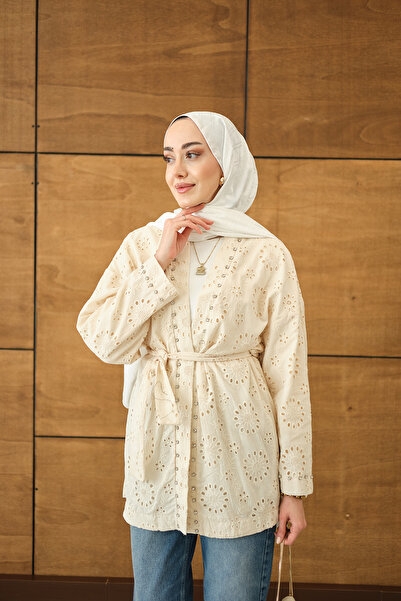 LOCCO Women's Brode Stone Embroidered Kimono Cream