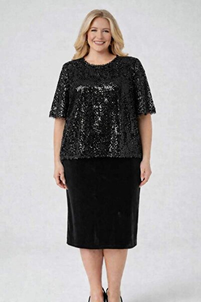 angelino butik Büyük Beden Kısa Midi Elbise ve Üzeri Dökümlü Bluz 2’li Abiye ...