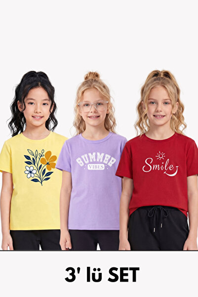 panios kids Pachet de 3 tricouri pentru fete cu mânecă scurtă, cu guler rotun...