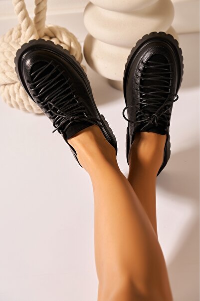 Joana Women's Black Leather Platform Shoes 35