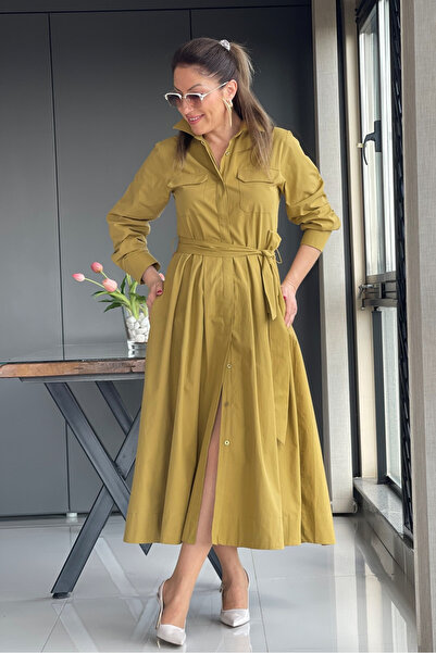 MİSLİNA BUTİK Kuşak Detay Düğmeli Hardal Renk Elbise