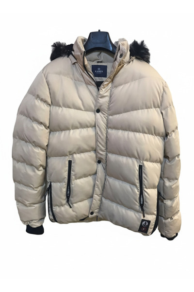 KAMER Erkek Bej Şişme Mont - Kürklü Kapüşonlu, Su İtici Polar Astarlı Kışlık ...