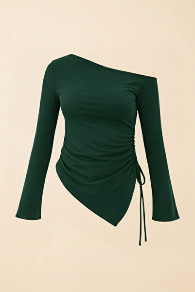 Potenza Women's Blouse One Shoulder Open Asymmetrical Side Gathered Long Slee...