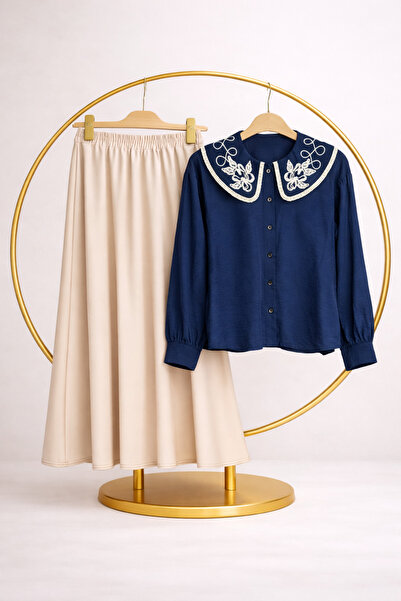 vikitekno Women's Skirt with Pockets and Embroidered Shirt Two-Piece Set