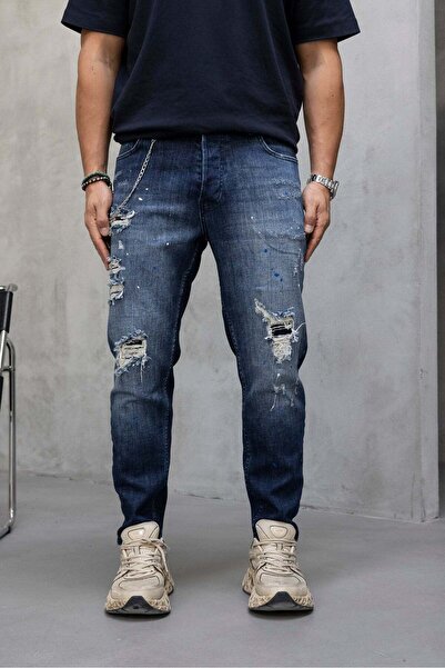 MODINI Slim fit jeans with chain, rips and splash effect (code 6878) - 32