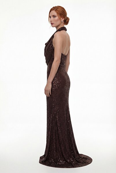 Lafaba Women's Brown Slim Fit Halter Neck Long Sequin Evening Dress