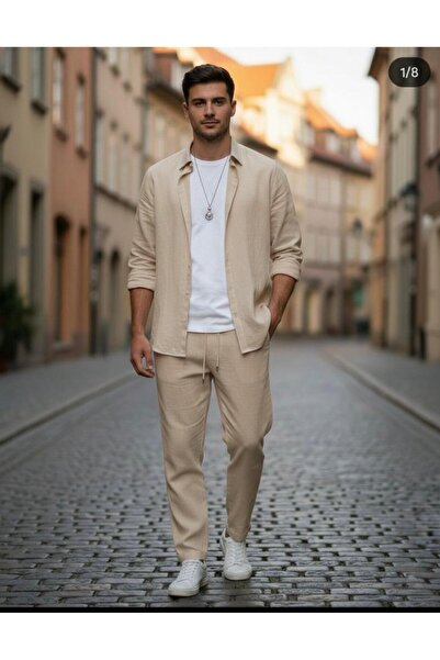 labrise underwear Erkek Keten Görünümlü Krep Kumaş Gömlek Pantolon Takım - Ra...