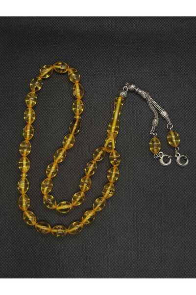 sarıyer silver 33 Habbe Amber Prayer Beads with Natural Amber Stones, Fossil Embellishments, Moon and Star Figures, and Steel Tassels