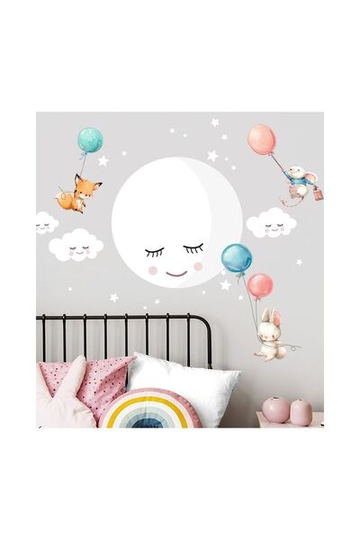 Sim Tasarım Mesec - Slatke životinje sa oblacima i balonima Set zidnih naljep...