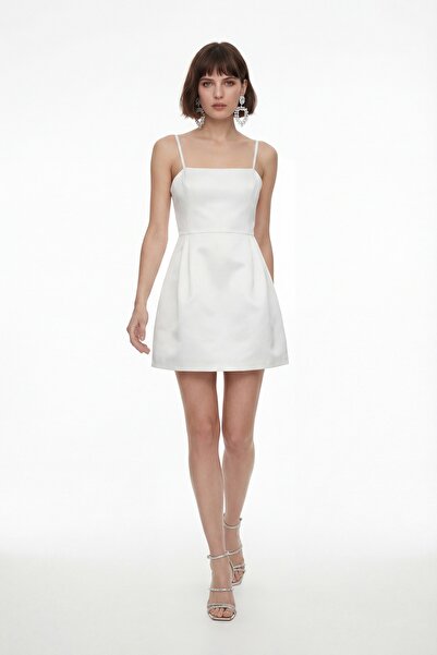 Lafaba Rochie de seară mini din satin, cu bretele subțiri, ecru, pentru femei