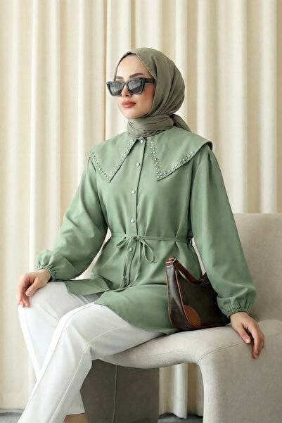 MODAQU Collared Tunic with Stone Buttons and Lace-Up Detail - Green