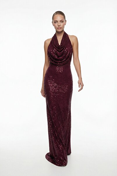 Lafaba Women's Burgundy Slim Fit Halter Neck Long Sequin Evening Dress