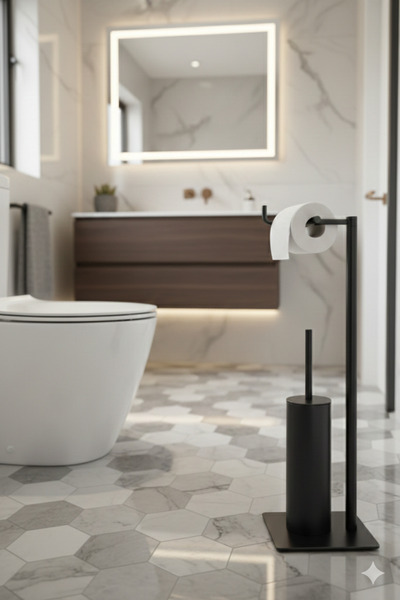 GörSeç Matte Black Bathroom Set with Stand, Toilet Paper Holder, Toilet Brush...