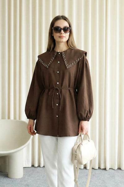 MODAQU Lace-Up Tunic with Stone Collar and Buttons - Brown