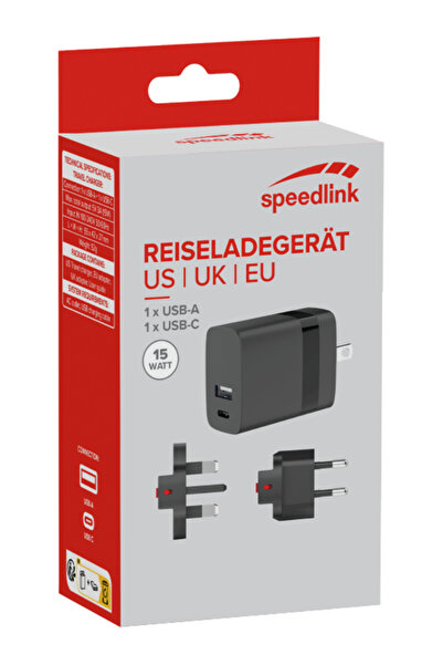 Speedlink Φορτιστής ταξιδιού USB-A & USB-C 15W για ΗΠΑ-Ηνωμένο Βασίλειο-ΕΕ, μ...