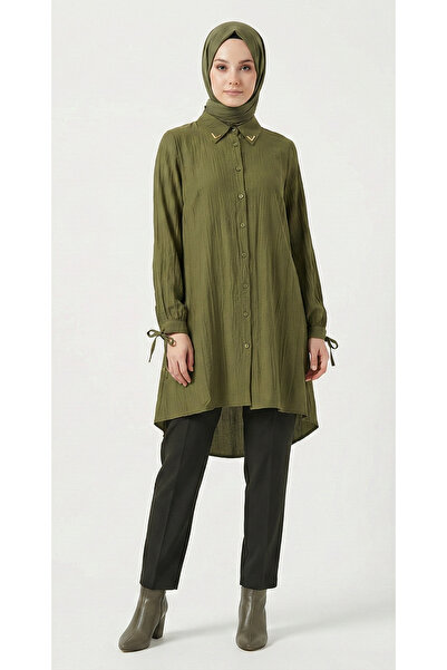 JOYLIFE ONLINE Kadın Altın Yaka Detaylı Bürümcük Asimetrik Gömlek Tunik
